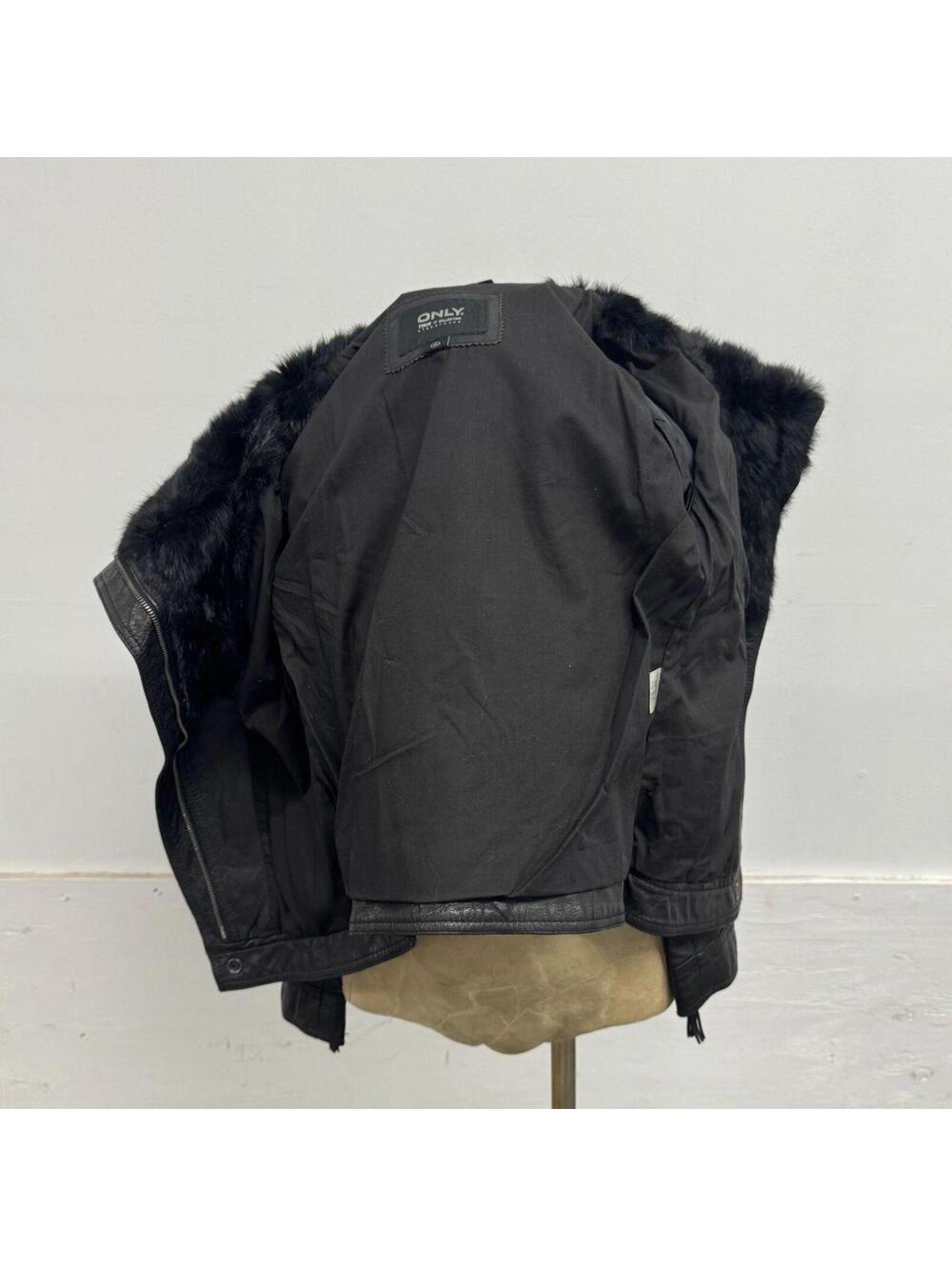 Vintage ONLY Black Leather Funnel Neck Jacket with Rabbit Fur Collar - Picture 6 of 8